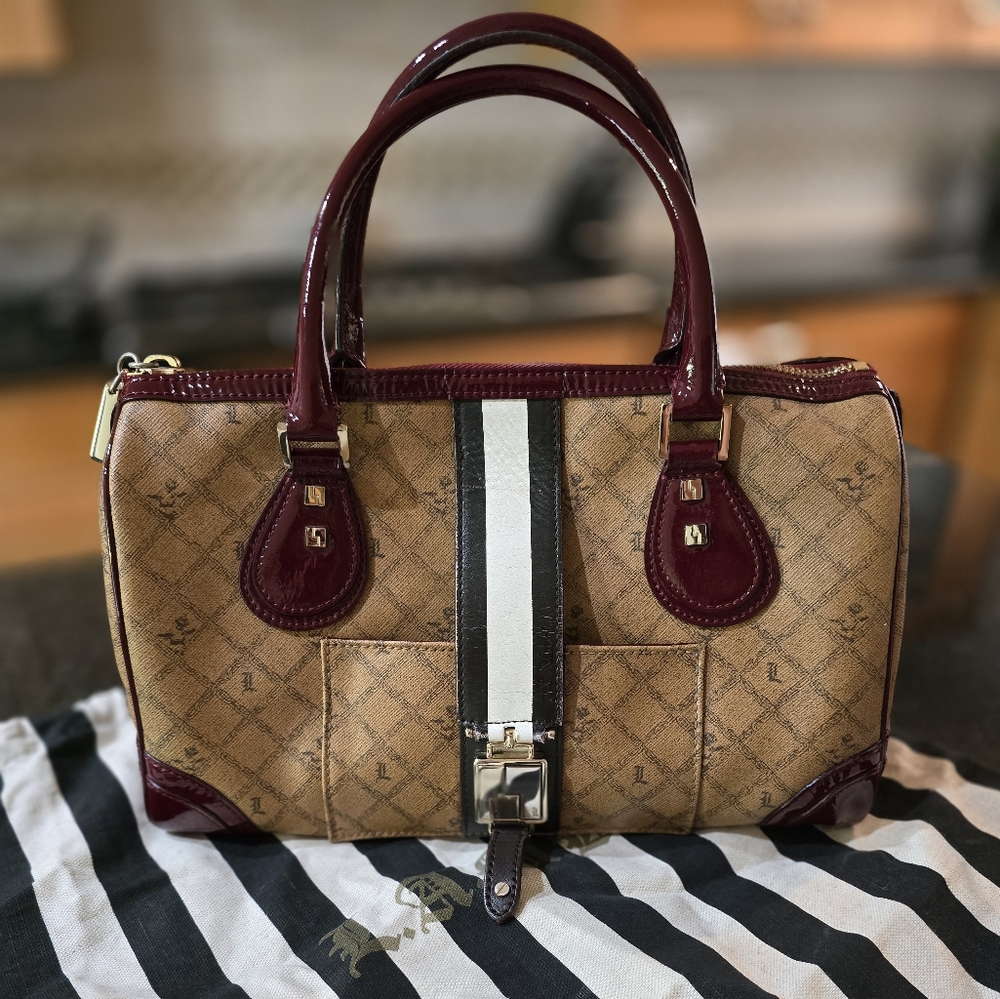 L.A.M.B. Tan and Burgundy Signature Satchel
